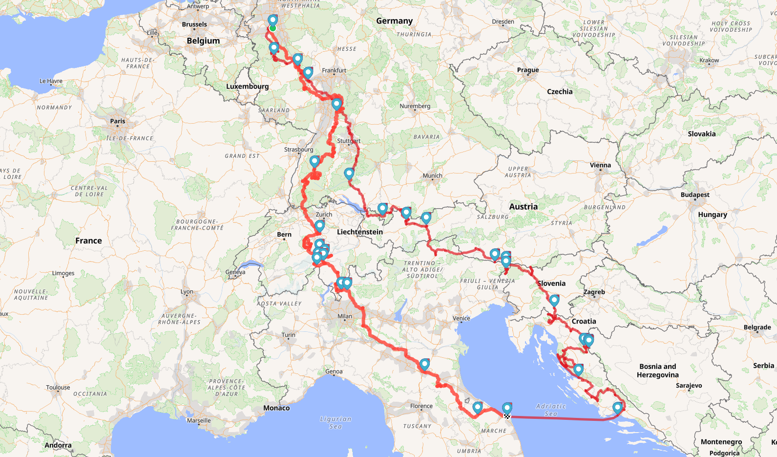 Route über Italien und die Adria nach Split